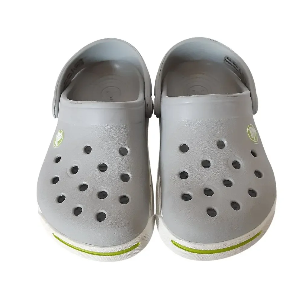 Crocs Crocband Clogs Boys 6/7 Gray Lime Green Stripe Retro Water Shoes Summer